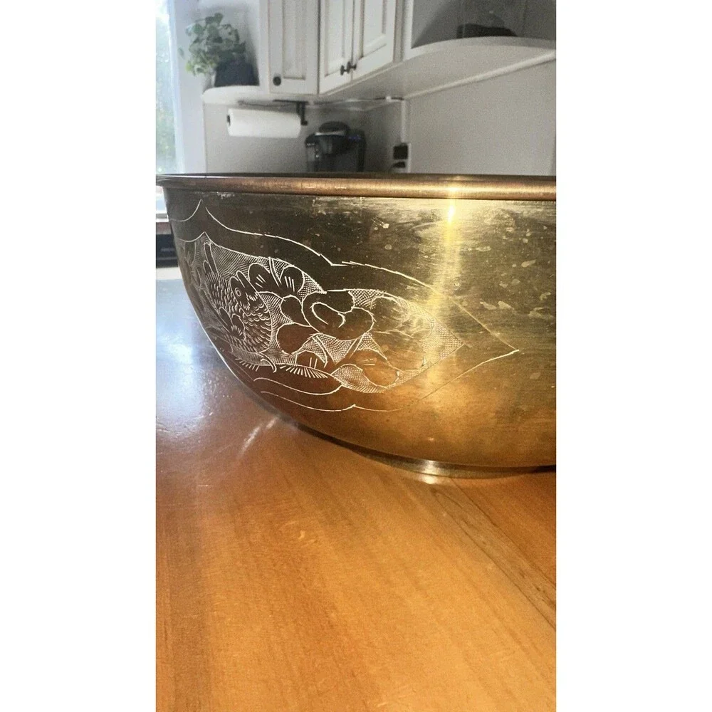 Large Vintage Asian Carved Brass Bowl Engraved Floral Birds